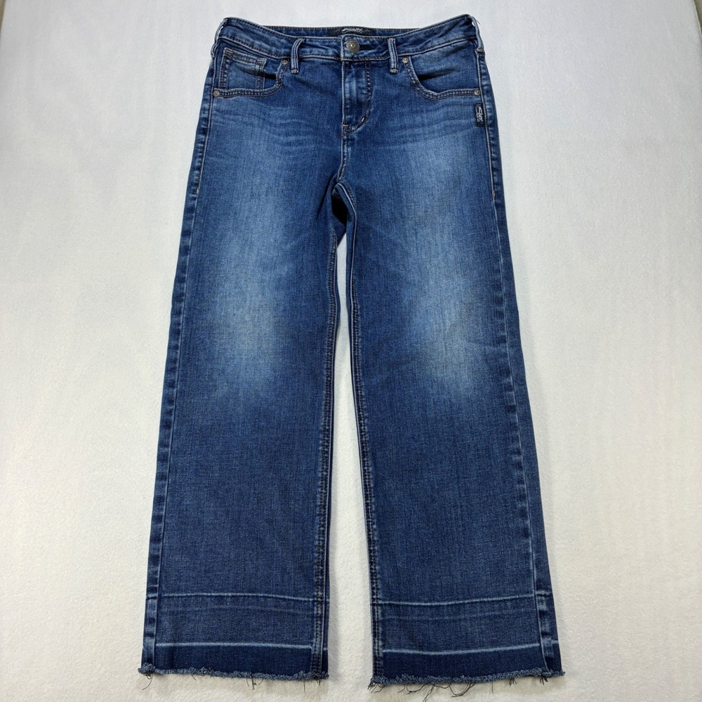Silver Jeans Izzy Wide Leg Crop Jeans Women W27 L23 Raw Hem Medium Wash Blue
